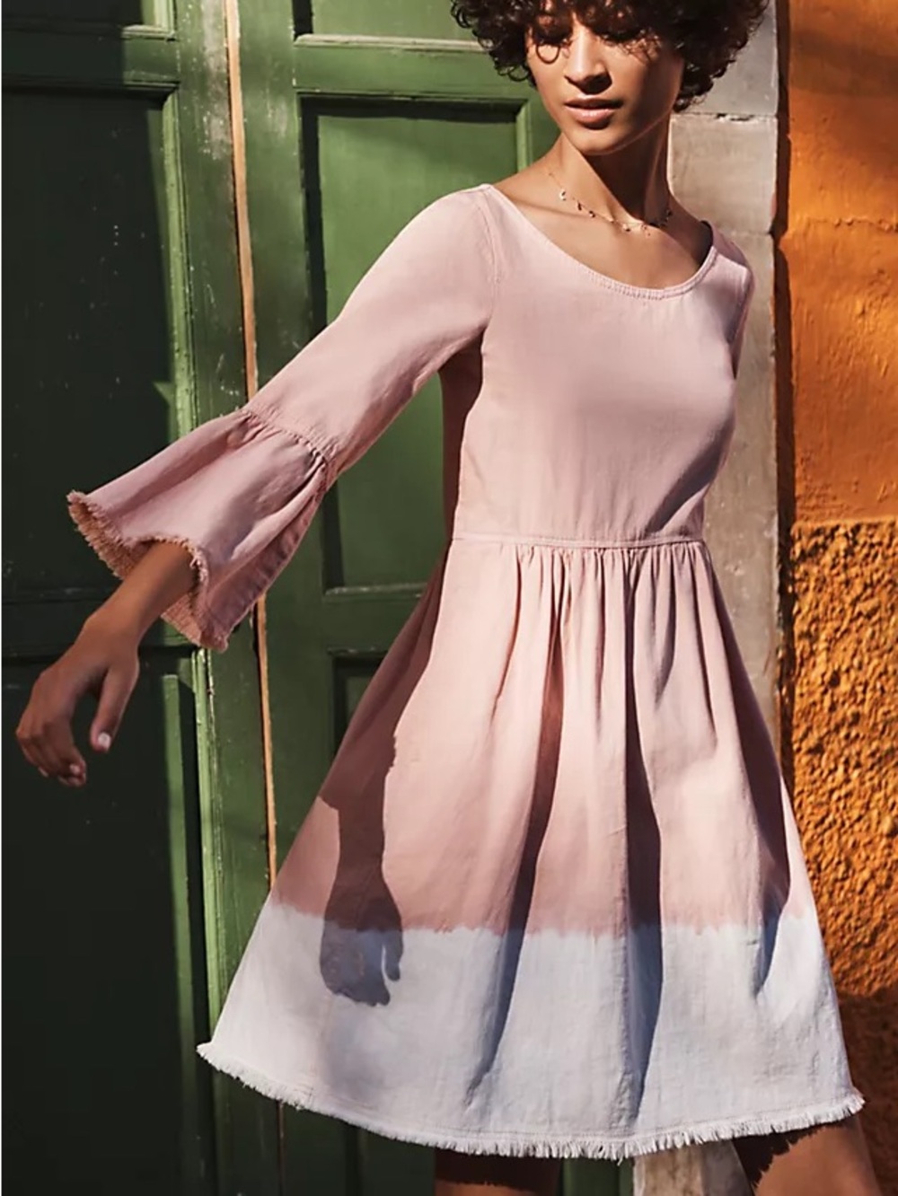 Anthropologie Holding Horses Lilibet Pink Dip-Dye Bell Sleeve Jean Western Dress
